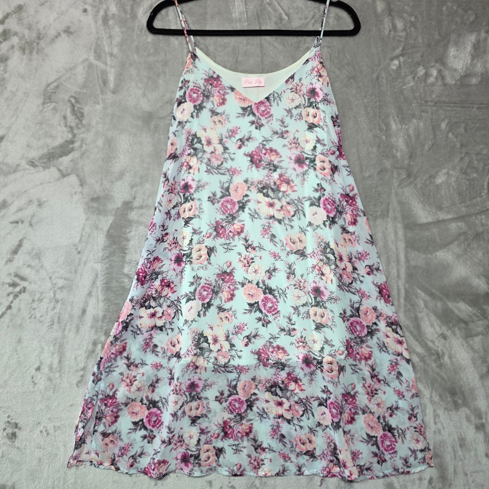 Pink Lily Floral Midi Dress Mint Green Pink Rose V-Neck Spaghetti Strap Small